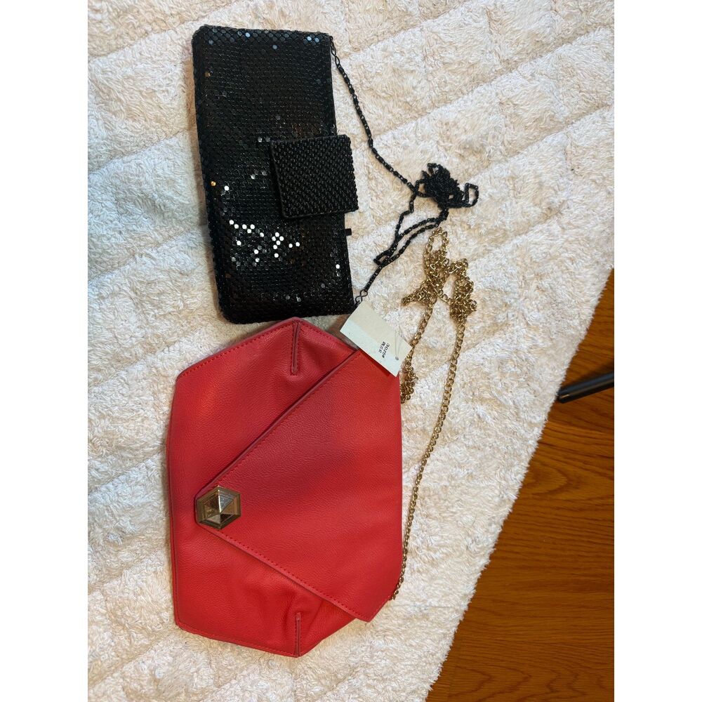 Black Metal Mesh & Coral Geo Flap Evening Bag Lot